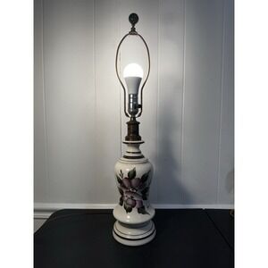 VTG Hand-Painted Crackle Ceramic Table Lamp Pink Floral Brass Hollywood Regency‎